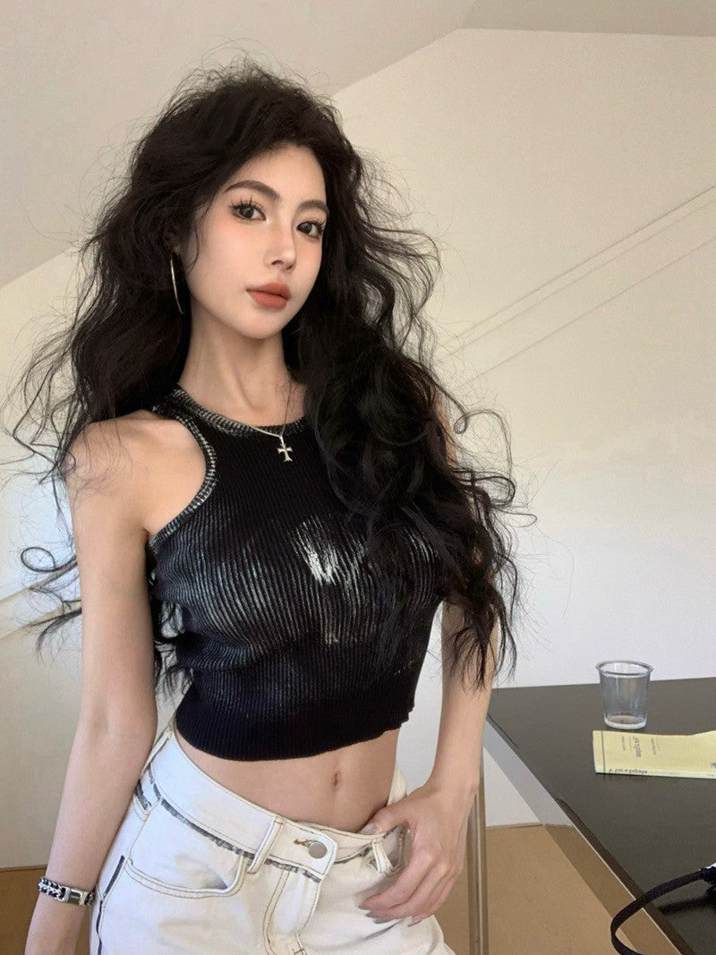 NA+ 手繪渣染彈力短款削肩背心 白/黑