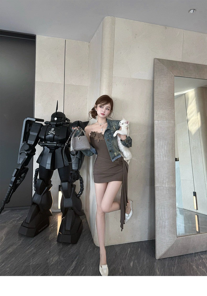 NA+ 立體花仙子不規則拼接連身裙 咖