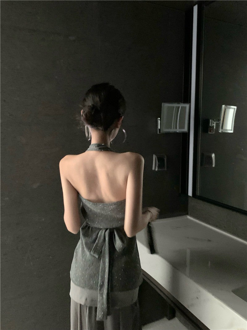 Na+ 歐美閃亮銀編美背背心 拼接透視半身裙 灰