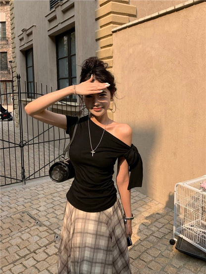 NA+ 隨心搭一套 斜肩綁帶黑色上衣 格紋百搭半身裙