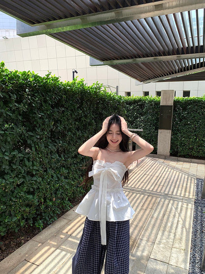 NA+ 甜辣蝴蝶機綁帶收腰抹胸 格紋鬆緊休閒褲