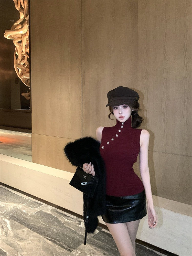 NA+ 香肩美人寶石釦針織高領背心 紅/杏