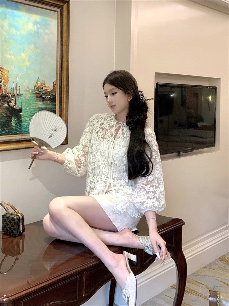 NA+ 手工立體蝴蝶花盤扣襯衫（附背心）中式印花半身裙