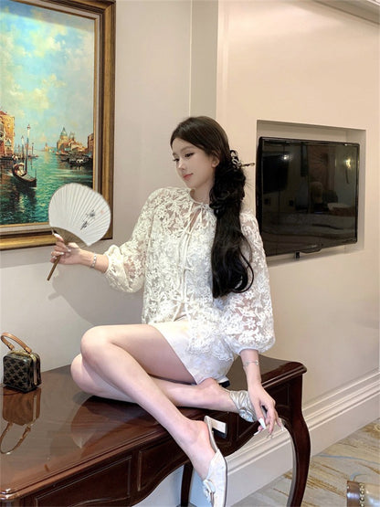 NA+ 手工立體蝴蝶花盤扣襯衫（附背心）中式印花半身裙