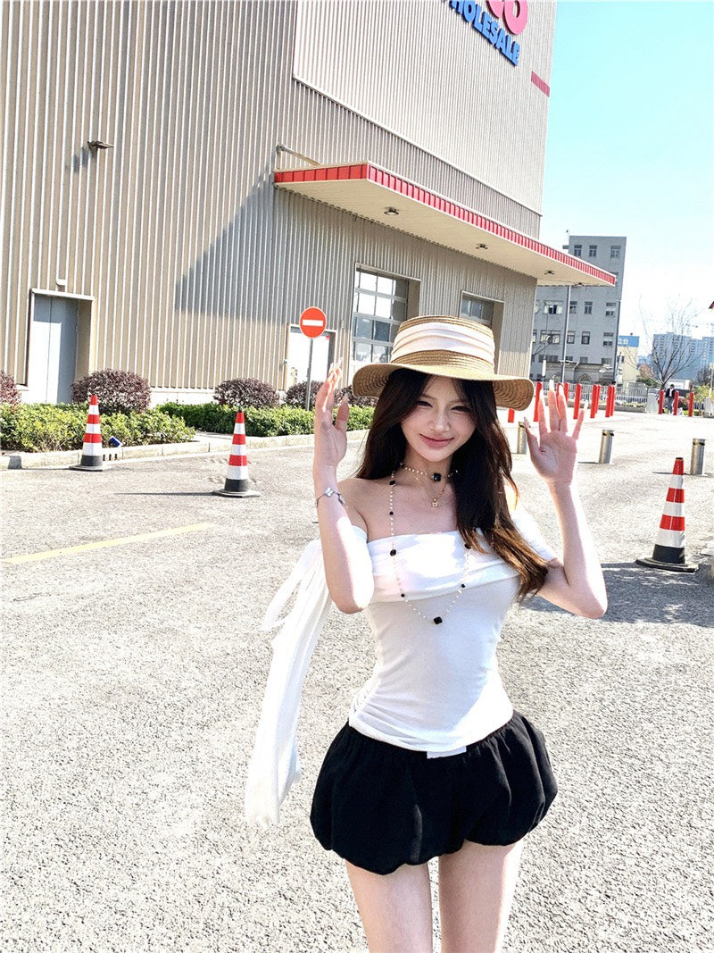 NA+ 純慾系 蝴蝶結側飄帶顯瘦上衣 白