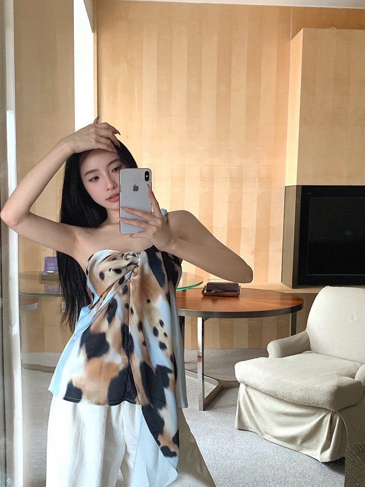 NA+ 沫花暈染不規則扭結飄帶上衣