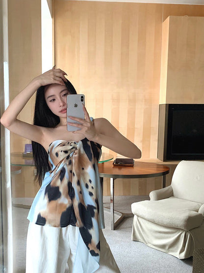 NA+ 沫花暈染不規則扭結飄帶上衣