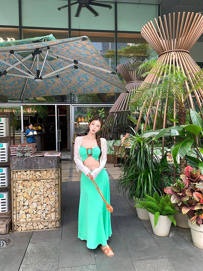 NA+ 度假風情小清新綠色抹胸 大裙擺半身裙 透感防曬外套