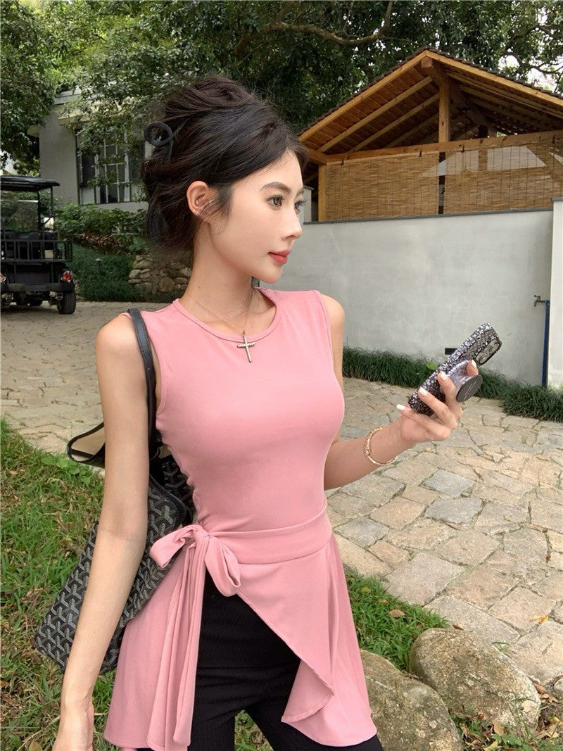 Na+ 氣質名媛簡約圓領純色收腰無袖上衣 粉/黃/黑