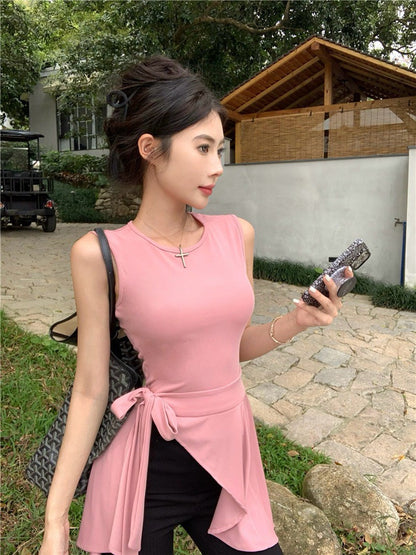 Na+ 氣質名媛簡約圓領純色收腰無袖上衣 粉/黃/黑