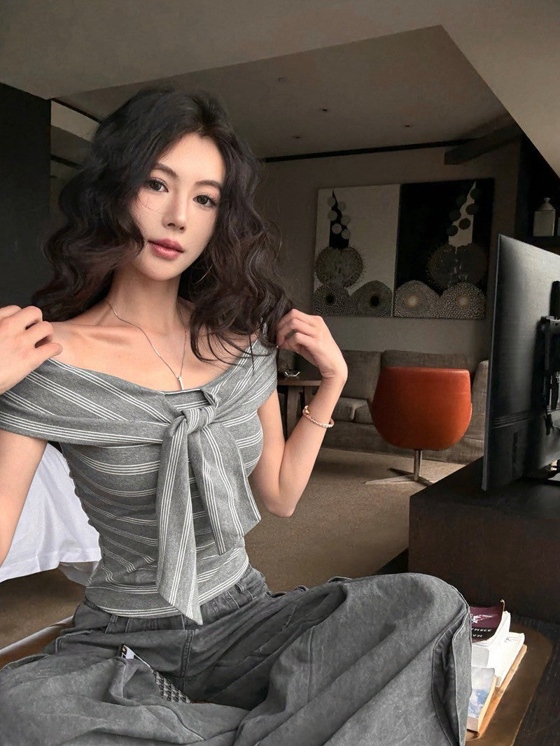 NA+ 簡約條紋多穿法!背心扭結上衣 灰