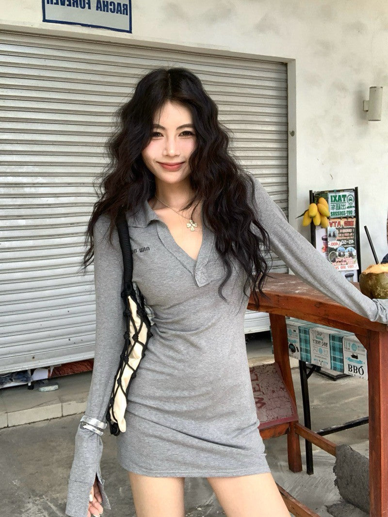 NA+ SO HOT辣妹polo領彈力連身裙 灰/藏藍