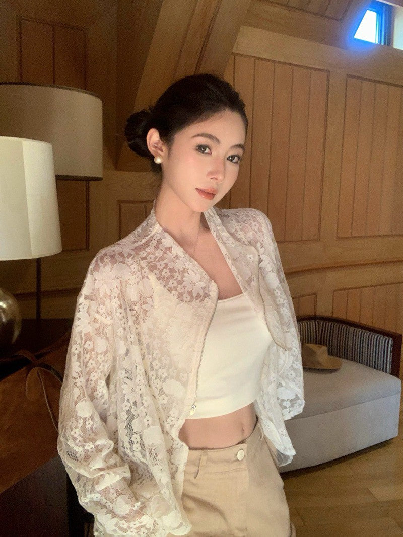 NA+ 白茶bouquet透視蕾絲外套