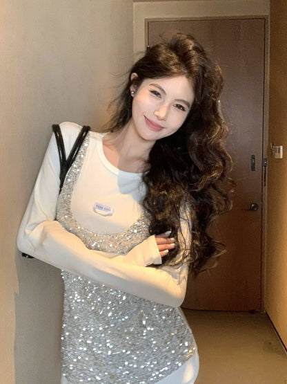 NA+ 大王blingbling 絨絲亮片拼接圓領上衣 白/灰