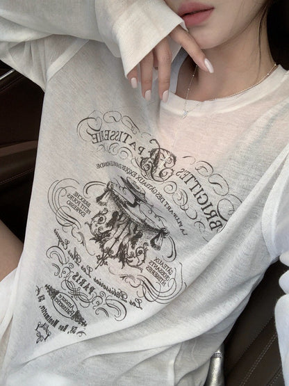 Na+ 俏皮防曬模式 圓領美式印花上袖上衣 白