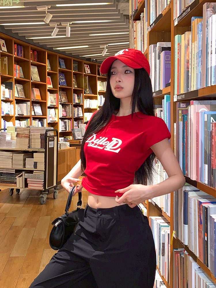 ''Na+''美式DL墊肩收腰字母辣妹上衣 紅