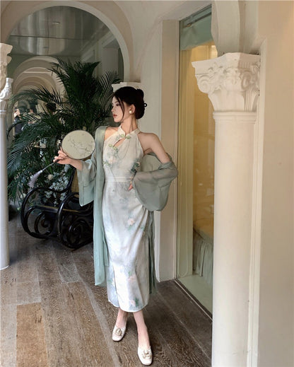 NA+ 禪意中式國風旗袍連身裙 雪紡罩衫 綠