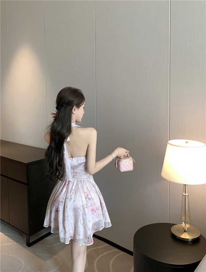 Na+ 氣質名媛 V領掛脖式花藝打攬裙