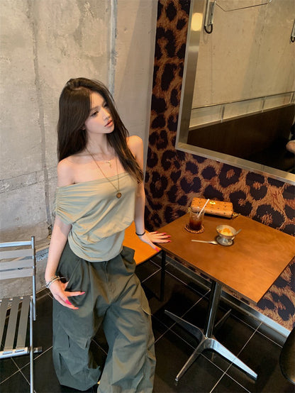 NA+ 克魯千金 RO風蘯領兩穿肩上衣 豆綠/黑