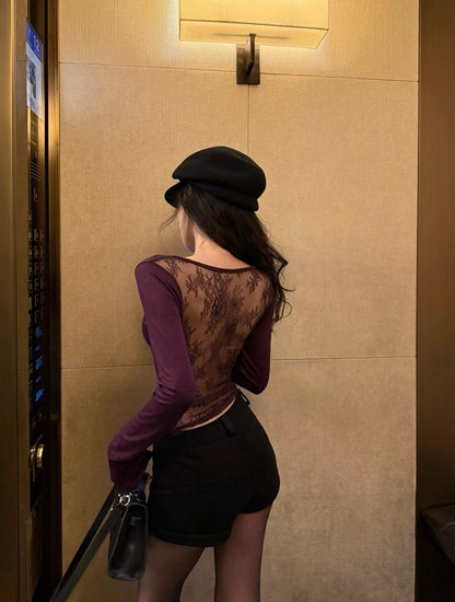 Na+ 性感美背蕾絲棉設計感上衣 紫