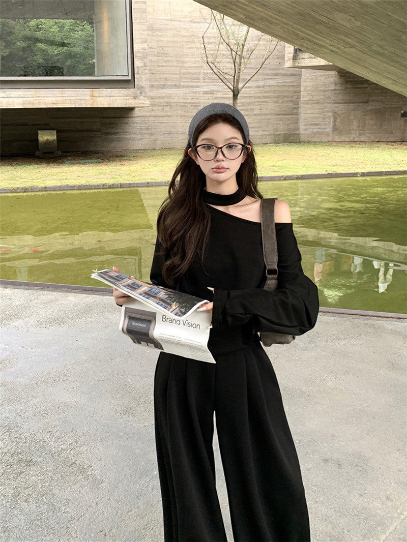 NA+ 美式鬆弛 不規則露肩衛衣 休閒褲 黑