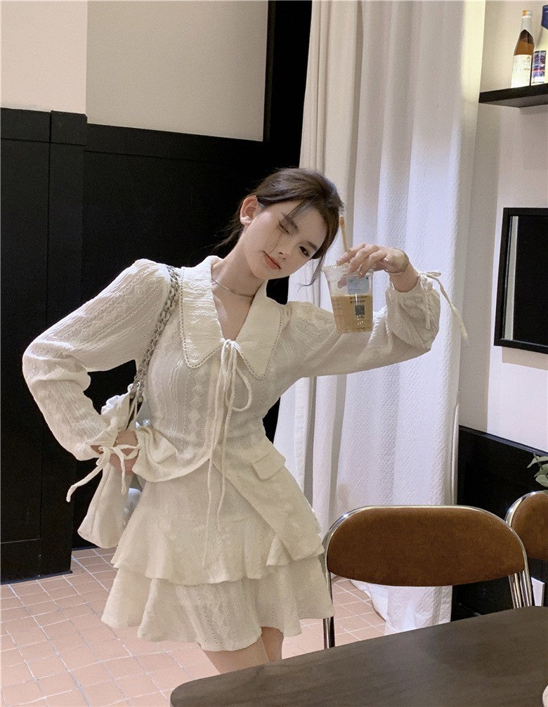 NA+ 初戀甜美緹花翻領繫帶襯衫 蛋糕半身裙