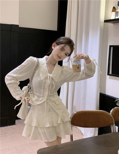 NA+ 初戀甜美緹花翻領繫帶襯衫 蛋糕半身裙