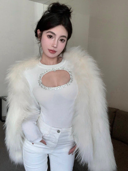 NA+ 純慾心機縷空鑲鑽圓領上衣 白