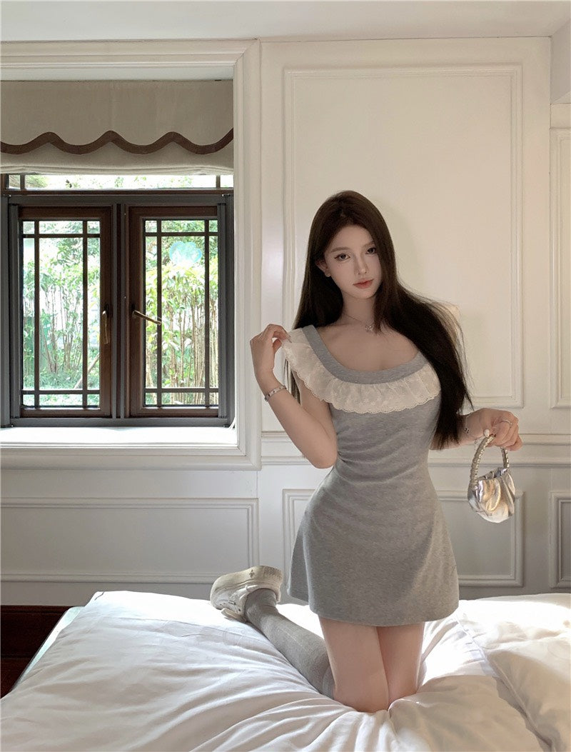 Na+ 公主荷葉領飛飛袖連身裙 灰色