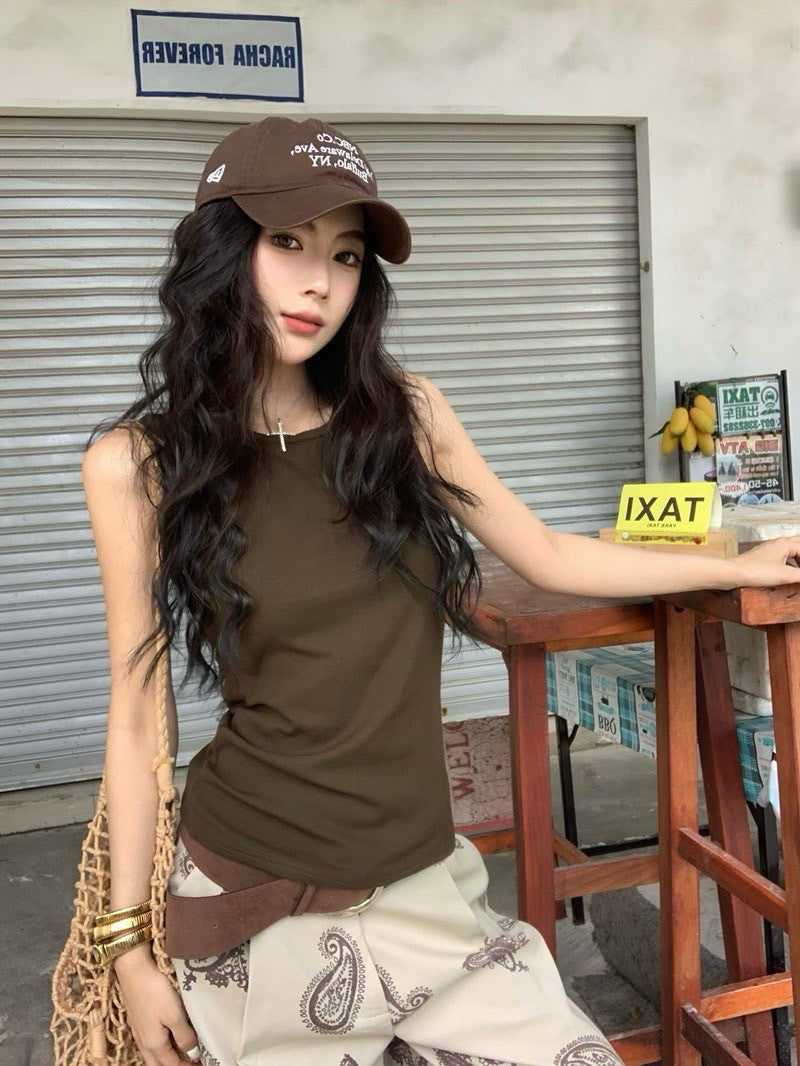 NA+ 美式簡約美腰縷空背心 棕綠