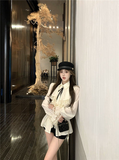 NA+ 法式女爵 宮廷蕾絲荷葉收腰襯衫