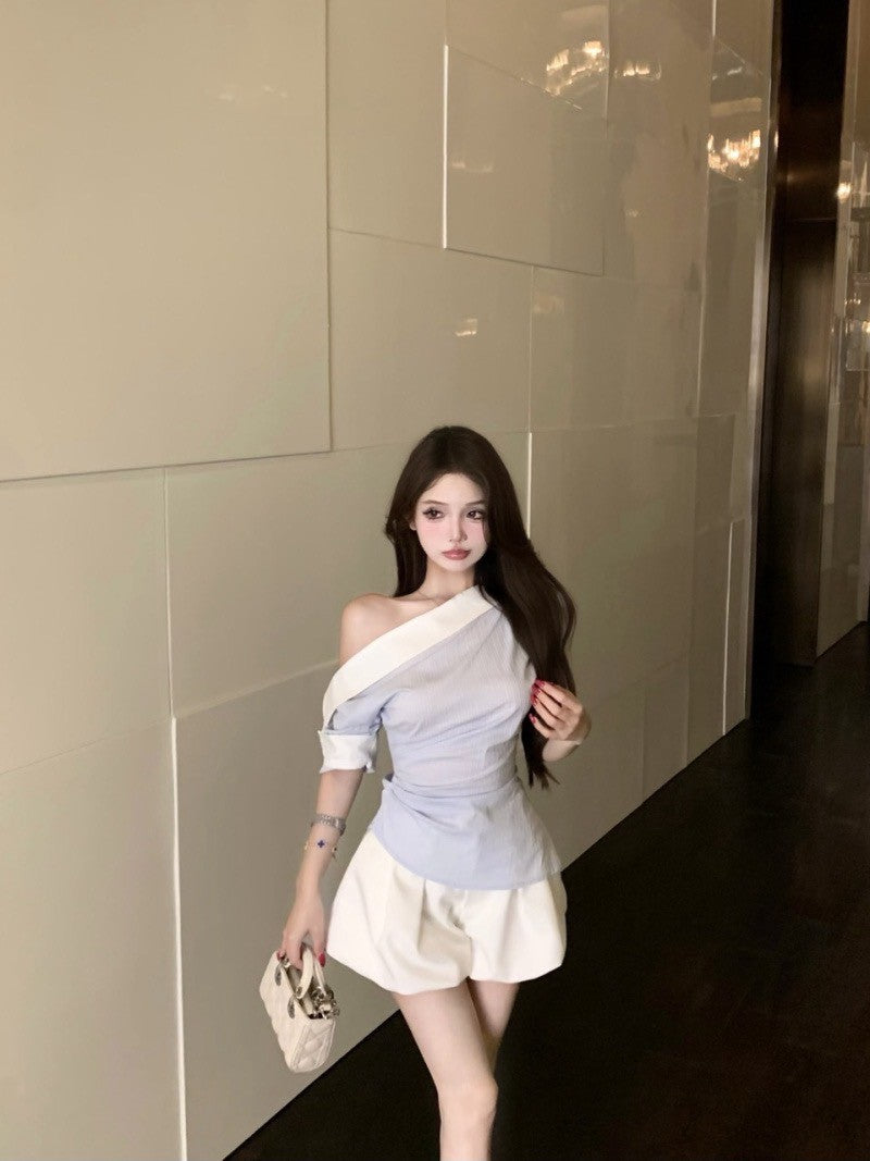 NA+ 通勤斜肩拼色條紋襯衫 白色花苞褲