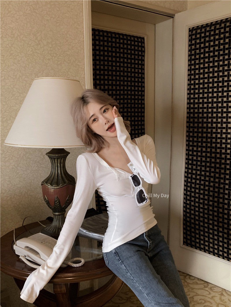 Na+ 登機私服休閒鈕扣圓領上衣 白/黑