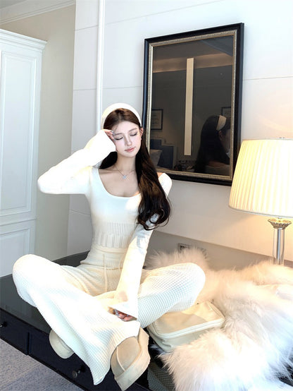 NA+ 韓系人 時髦針織修身喇叭袖上衣/休閒褲  杏