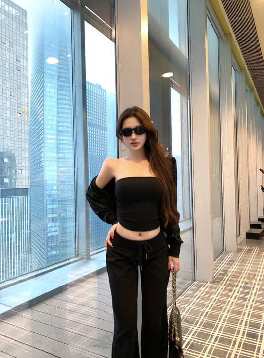 NA+ 歐美女 休閒時髦抹胸收腰外套套裝 抽繩休閒褲 黑