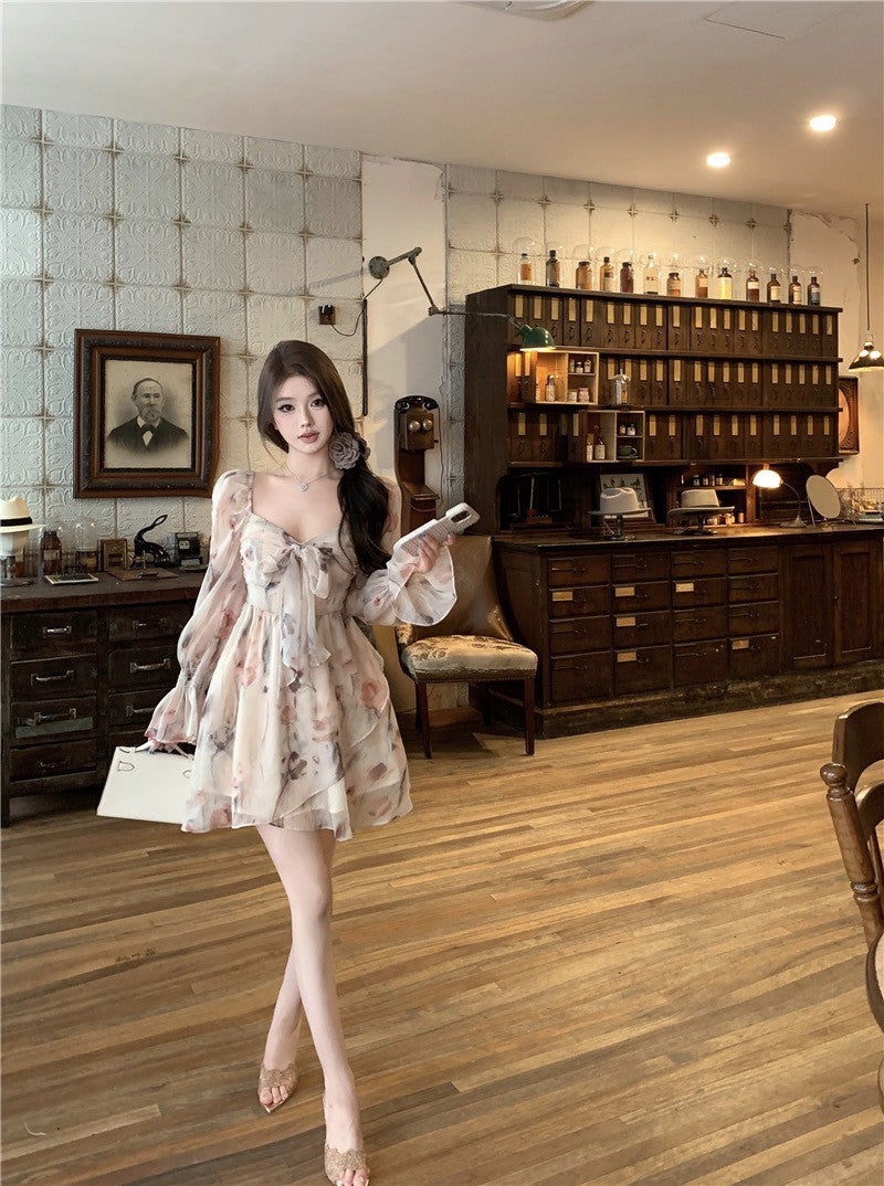 Na+ 甜美法式方領顯瘦碎花連衣裙 杏 兩款長度