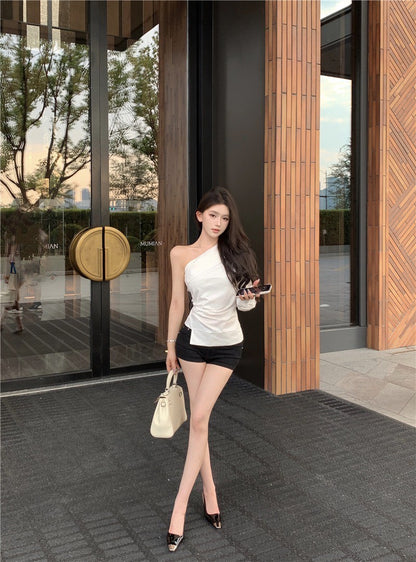 NA+ 設計感單肩收腰白色襯衫