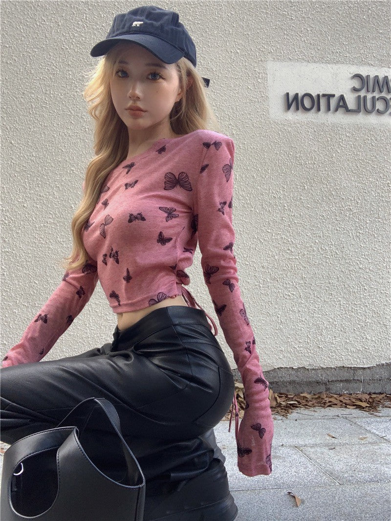 Na+ Lucky蝴蝶印花透視彈力上衣 粉