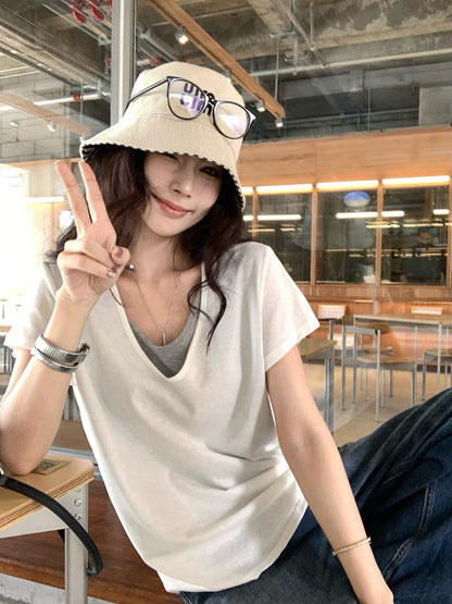 NA+ 寬鬆假兩件慵懶雪花棉T恤 白/灰