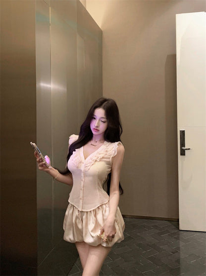 NA+ 中古情話荷葉邊襯衫花苞短褲套裝