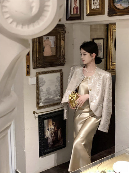 NA+ 鎏金緹花醋酸小香外套 緞感香檳連身裙