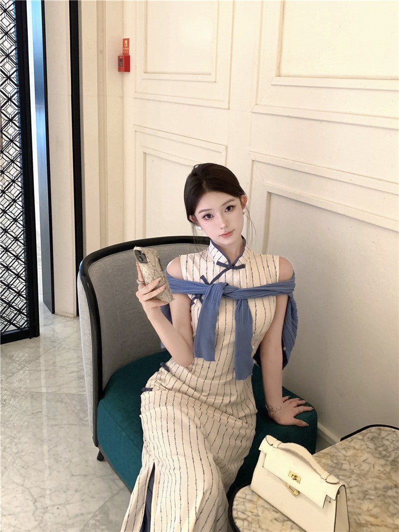 NA+ 海鹽中式盤扣條紋印花旗袍裙 針織外開衫藍色