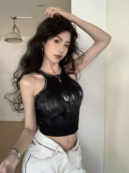 NA+ 手繪渣染彈力短款削肩背心 白/黑