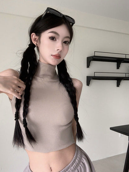 NA+ 美背特輯高領露臍綁帶背心 黑/卡其