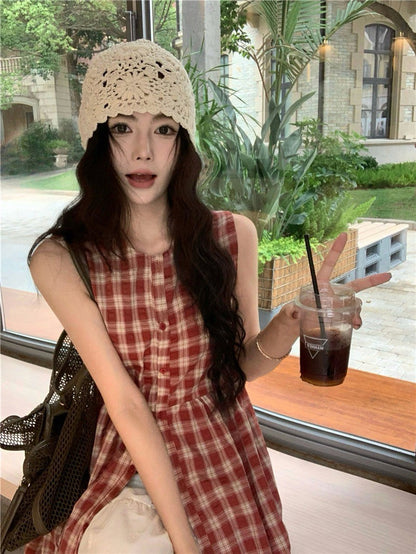 Na+ 高顏值日系 紅色格紋兩穿連身裙