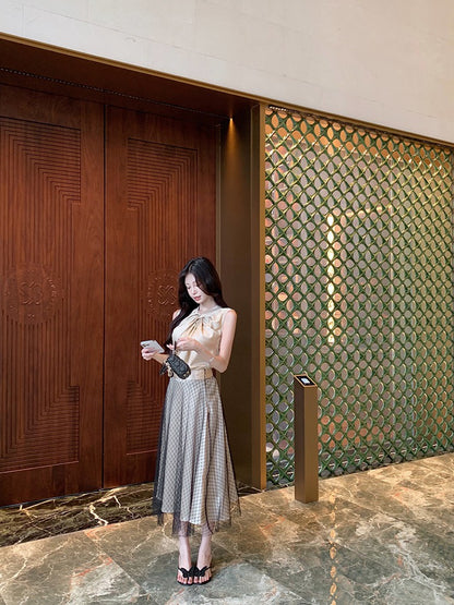 NA+ 黑閃耀人魚紗雙層半身裙 金色扭結上衣