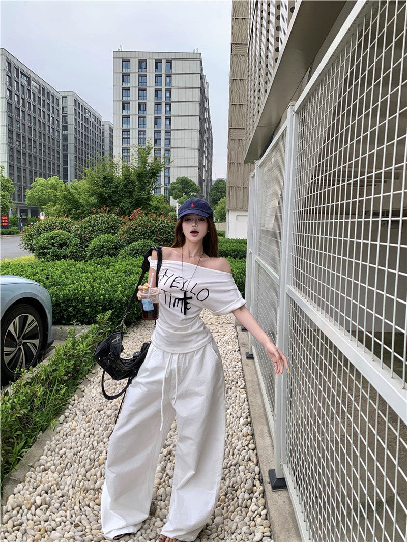 NA+ 墜愛白色系 簡約字母修身上衣/休閒褲