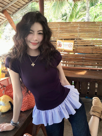 NA+ 俏皮荷葉拼接正肩上衣 灰/藏藍