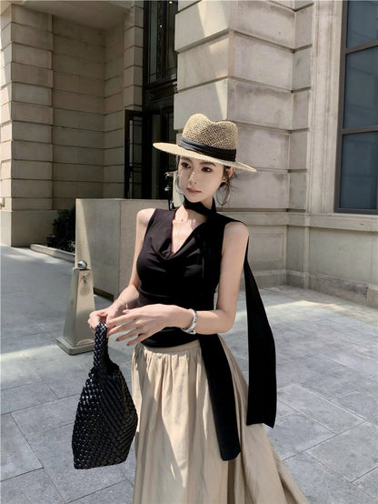 NA+ 法式浪漫蘯領氣質飄帶黑色上衣 A字擺卡其半身裙