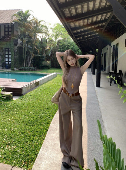 Na+ 不規則設計感針織背心 高腰通勤老錢休閒褲 卡其